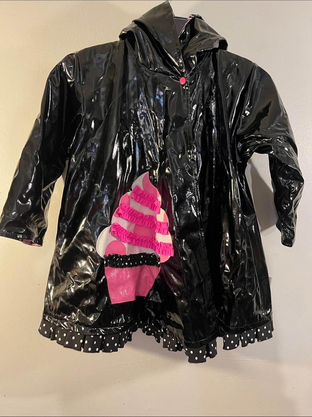Kids Black Patent Raincoat with Pink Ice Cream Applique - Hooded